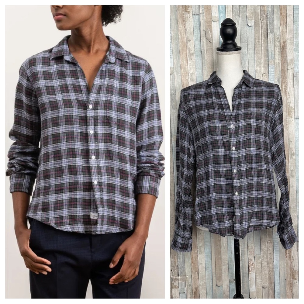 Frank & Eileen S Barry Linen Plaid Button Up Buttondown Shirt Top Blue Green